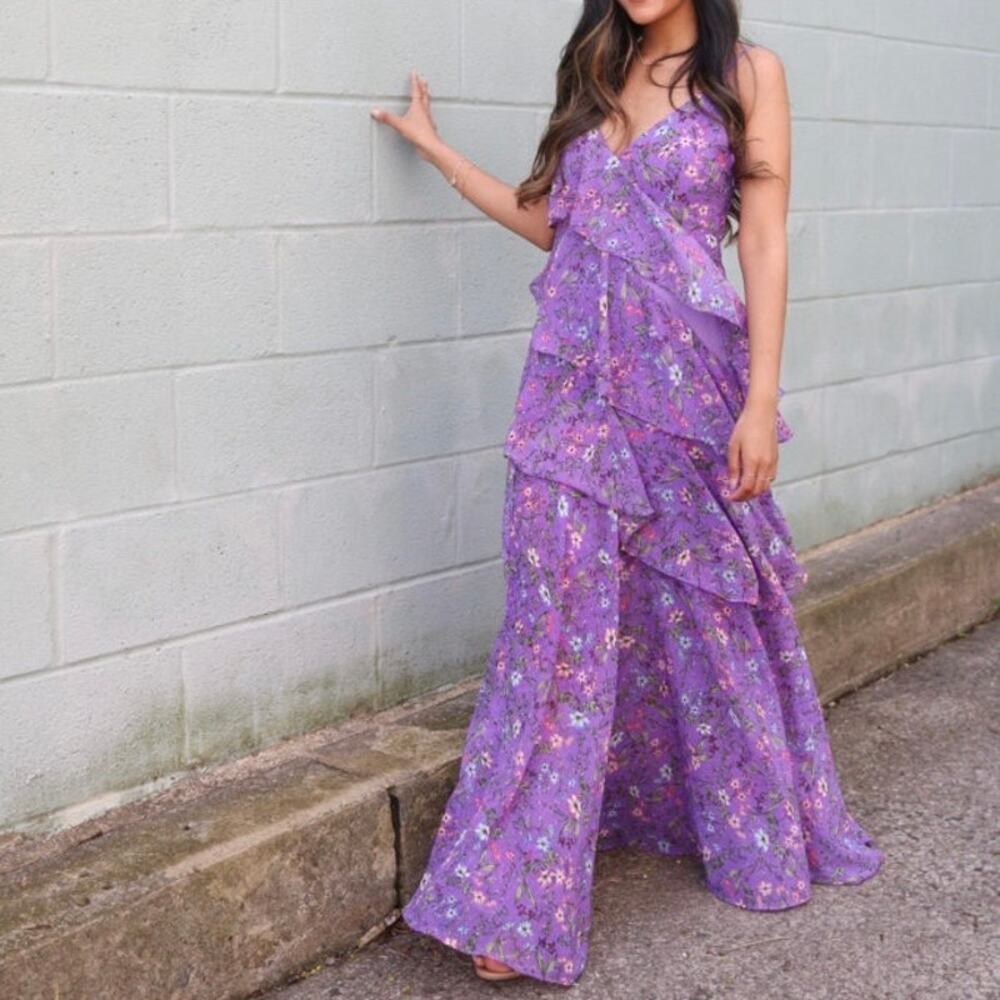 ASTR the Label Zaida Maxi Tiered Dress purple floral print Large Wedding Guest